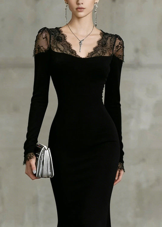 Fine Black V Neck Lace Patchwork Fish Tail Dresses Spring