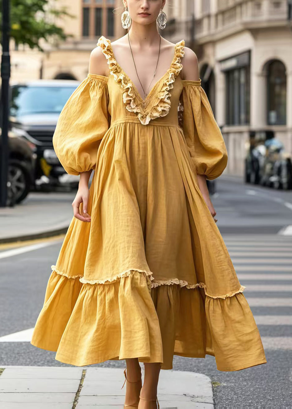 Yellow Cold Shoulder Ruffled Party Dresses Lantern Sleeve