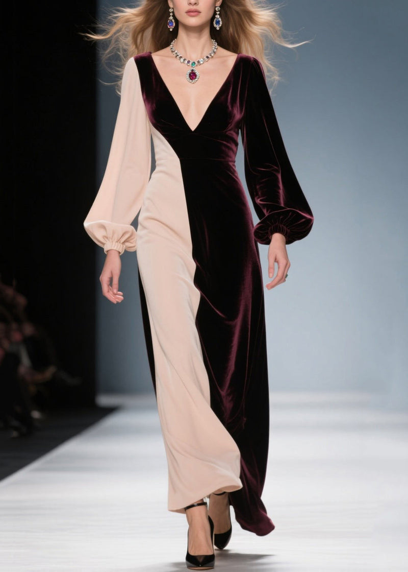 Colorblock V Neck Patchwork Velvet Long Dress Fall