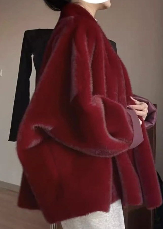 Red Warm Leather and Fur Coats V Neck Winter