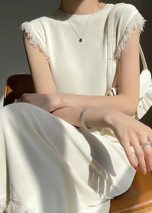 French Beige O-neck Tasseled Ice Silk Knit Dress Sleeveless