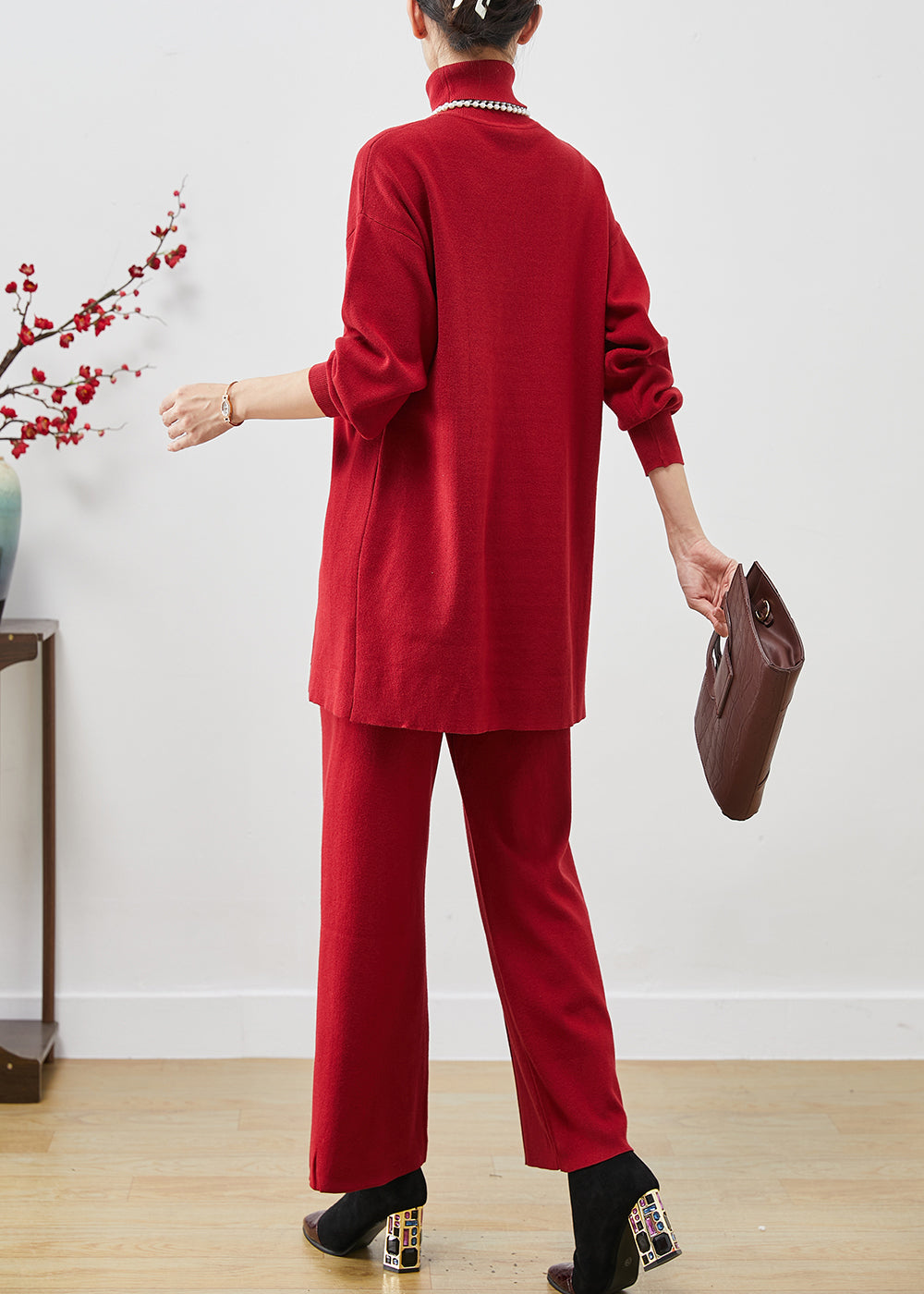 Red Turtle Neck Side Open Original Design Knit Two Pieces Set Spring