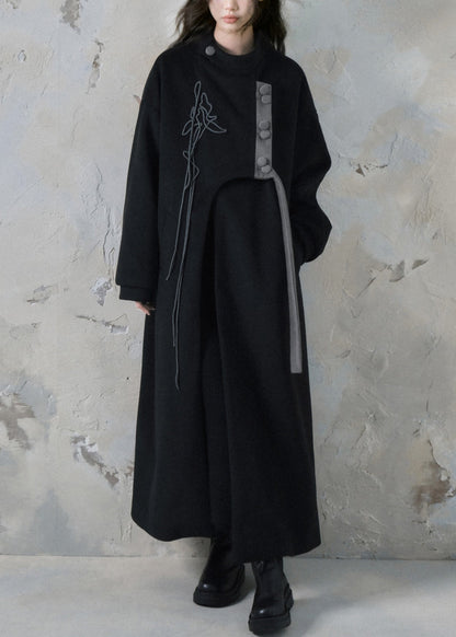 Loose Black Asymmetrical Button Pockets Long Trench Coats Spring