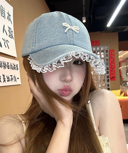 Blue Lace Bead Bow Patchwork Denim Baseball Cap Hat