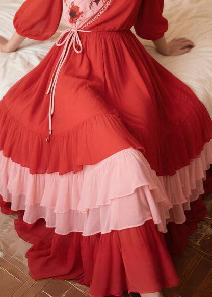 Red Exra Large Hem Patchwork Chiffon Vacation Dress Summer