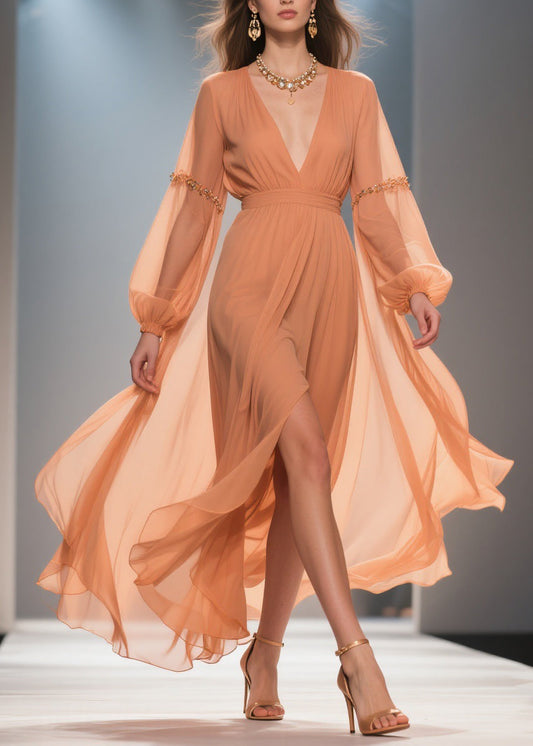 Orange Wrinkled Side Open Chiffon Long Dresses Spring