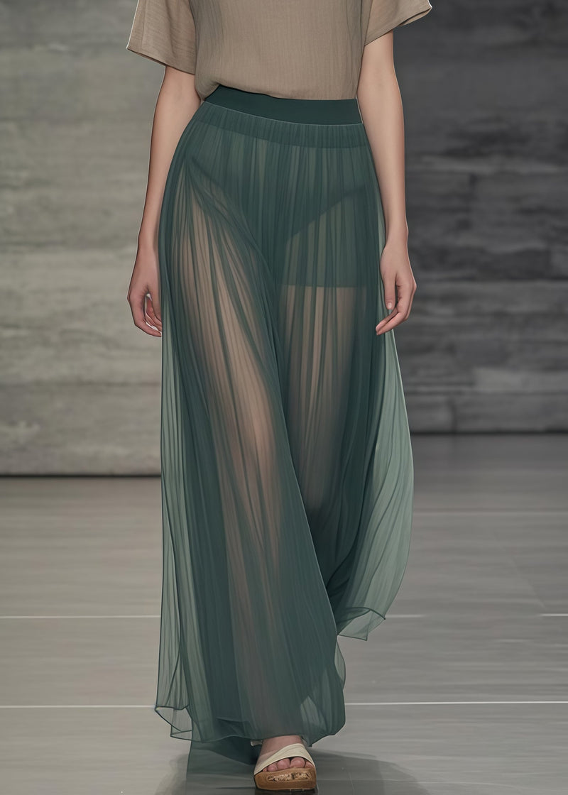 Tea Green Elastic Waist Tulle Pleated Skirts Summer