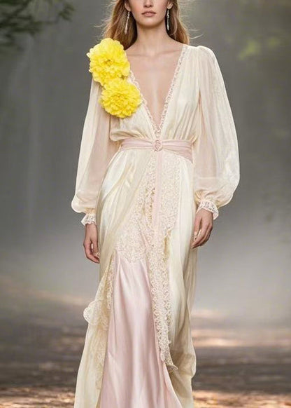 Classy V Neck Lace Patchwork Chiffon Dresses Spring