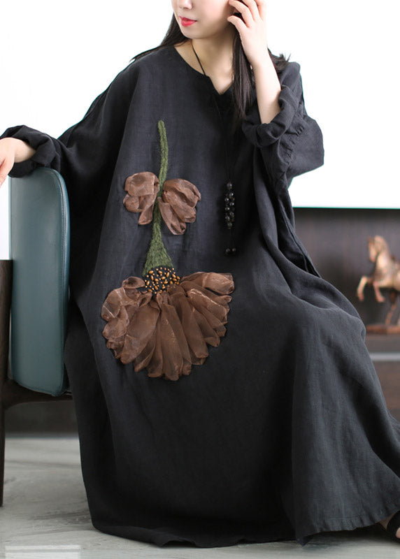 Black V Neck Embroideried Linen Dress Long Sleeve
