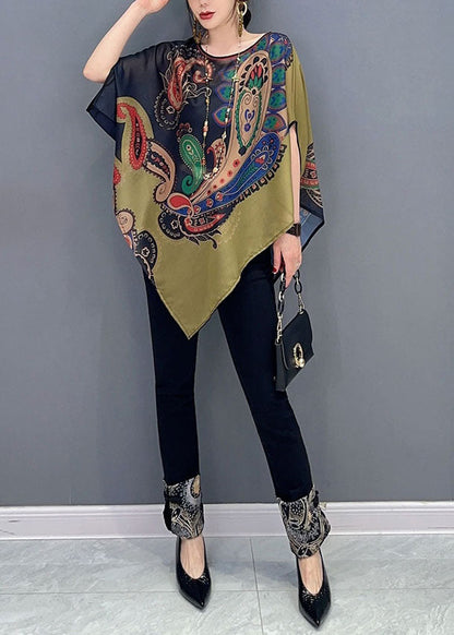 Colorblock Asymmetrical Print Chiffon Top Batwing Sleeve