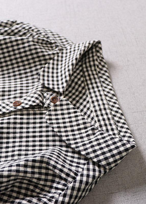 Black White Plaid Pockets Button Tie Waist Fall Patchwork Dress Long Sleeve