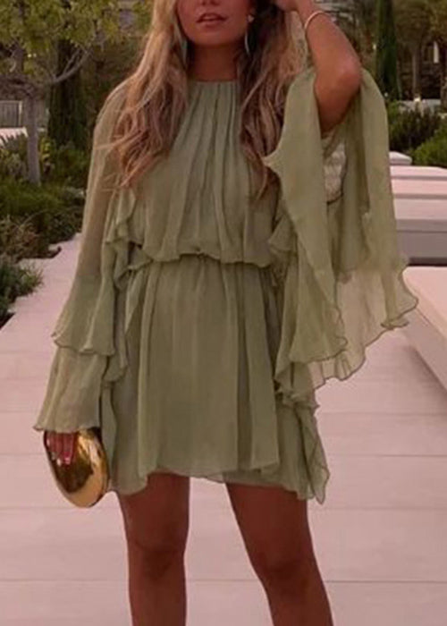 Art Green Ruffled Chiffon Mini Dress Fall