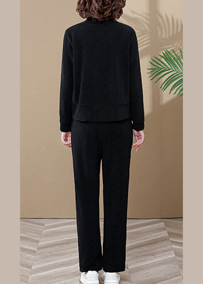 Black Zip Up Coats and Wide Leg Pants Two Piece Set Long Sleeve