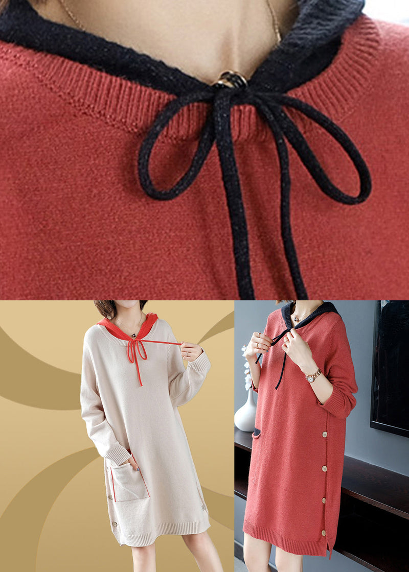 Brick Red Patchwork Button Thick Hooded Knit Woolen Sweater Dress Fall