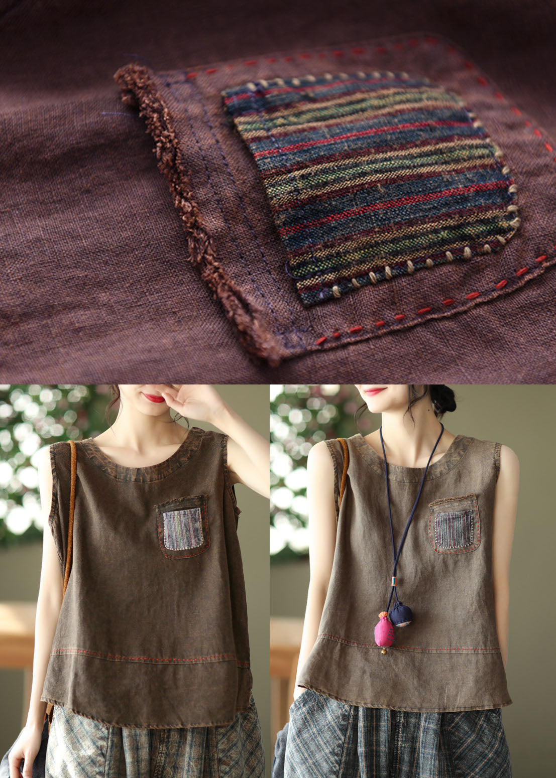 Chocolate Pocket Patchwork Linen Tank Tops Sleeveless