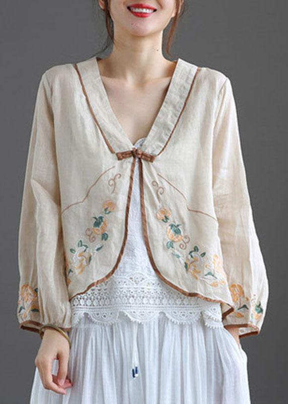 Green V Neck Embroideried Summer Ramie Cardigan Long Sleeve