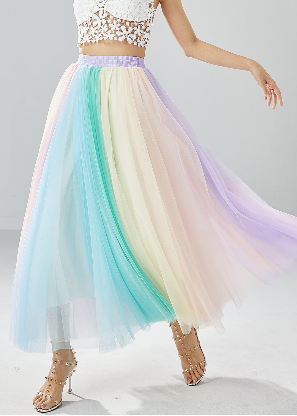 Rainbow Elastic Waist Exra Large Hem Tulle Pleated Skirts Summer