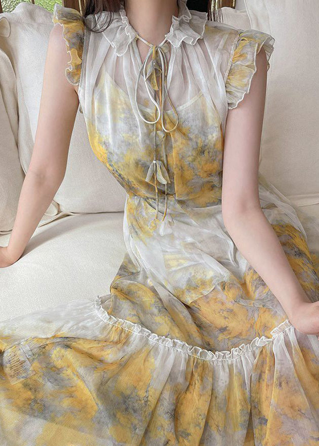 Yellow Ruffled Lace Up Chiffon Two Pieces Set Sleeveless