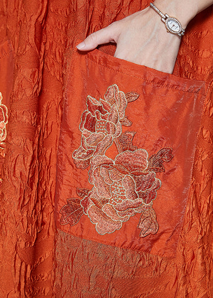 Orange Embroideried Wrinkled Silk Ankle Dress Fall