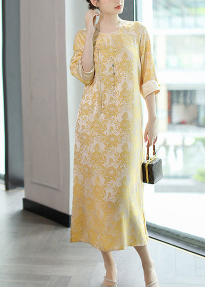 Yellow O Neck Tasseled Print Silk Dress Bracelet Sleeve