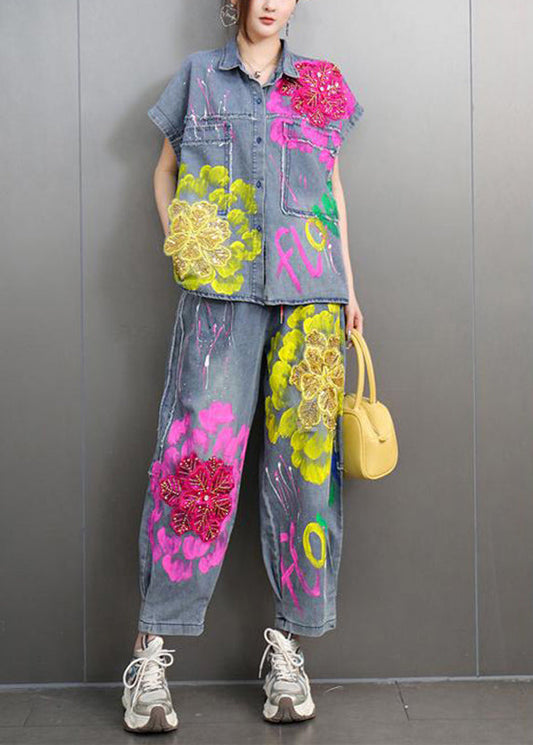 Unique Peter Pan Collar Denim Shirts and Crop Pants Two-piece Set Short Sleeve