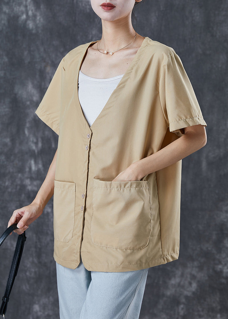 Khaki V Neck Pockets Cotton Shirt Tops Summer