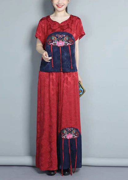 Red Embroidered Tops and Pants Silk Two Piece Set Summer