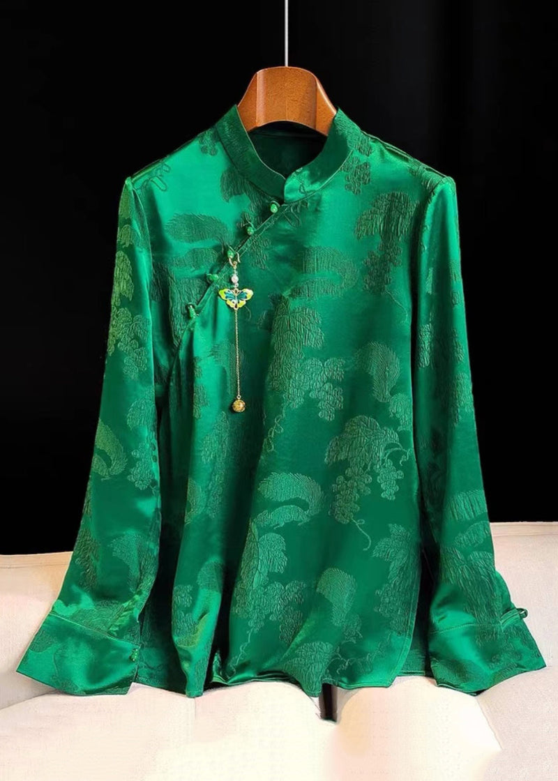 Jacquard Green Stand Collar Button Silk Shirt Long Sleeve