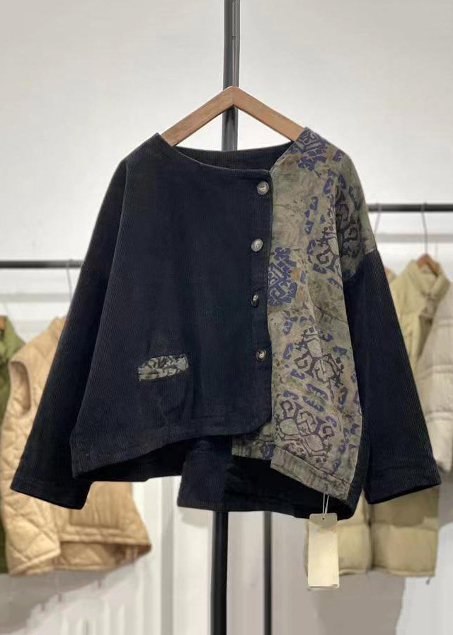 Coffee Asymmetrical Patchwork Corduroy Tops Fall