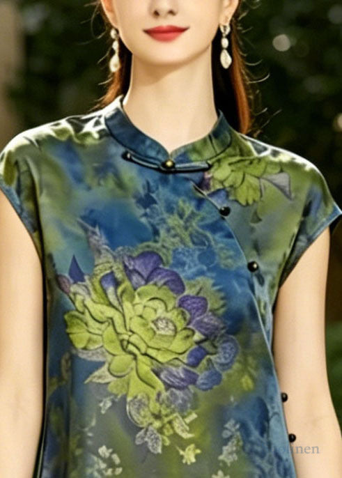Blue Mandarin Collar Print Silk Vest Top Summer