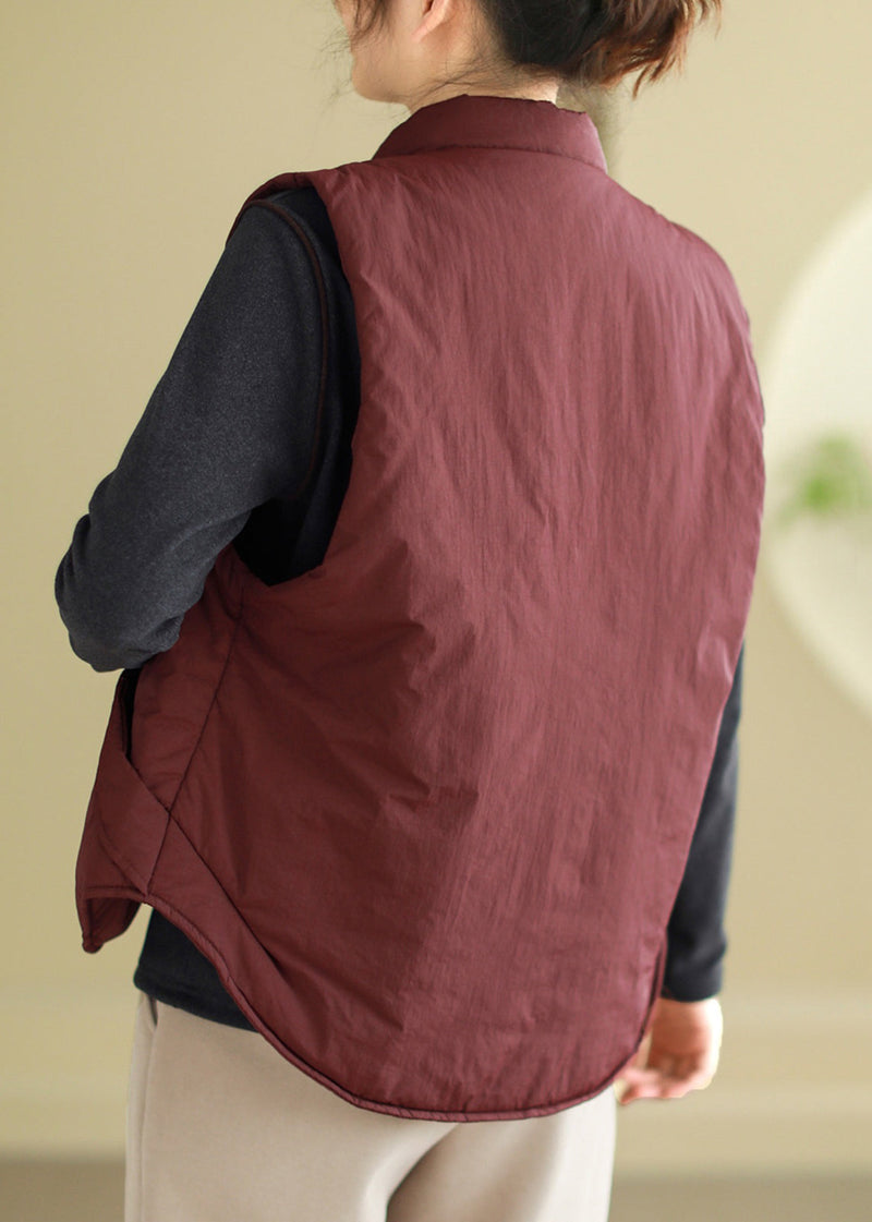 Wine Red Button Pockets Cotton Filled Waistcoat Sleeveless
