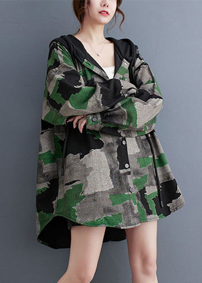 Camouflage Print Wrinkled Hooded Coats Long Sleeve