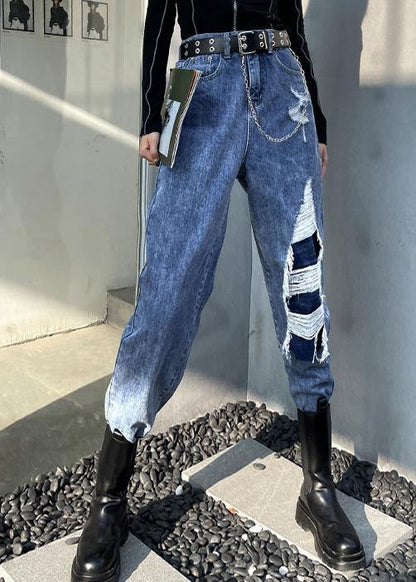 French Blue Cotton Hole Patchwork Jeans Pants