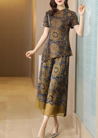 Khaki Asymmetrical Design Print Silk Two Pieces Set Summer