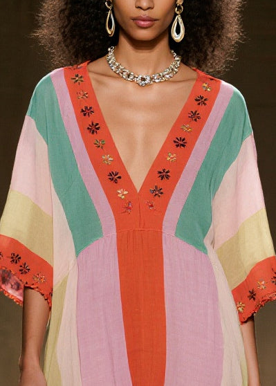 Colorblock V Neck Cotton Dresses Summer