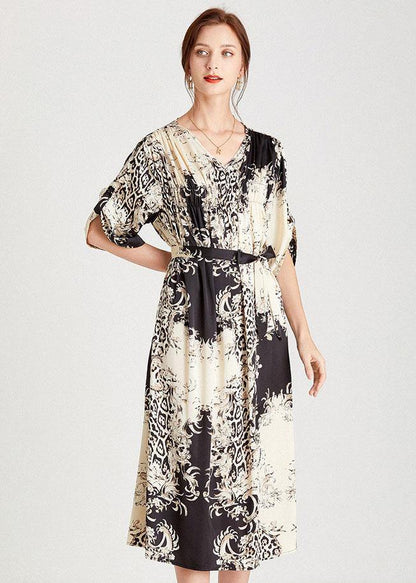 Black White Print Loose Tie Waist a Line Summer Dresses