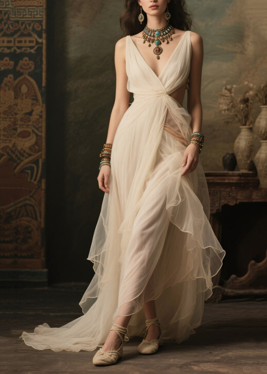 White V Neck Exra Large Hem Tulle Robe Dresses Summer