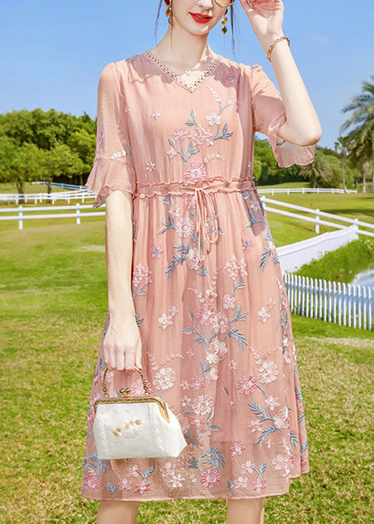 Pink V Neck Embroideried Silk Long Dresses Short Sleeve