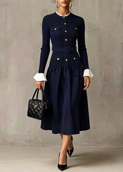 Navy Patchwork Knit Tunic Dresses Flare Sleeve
