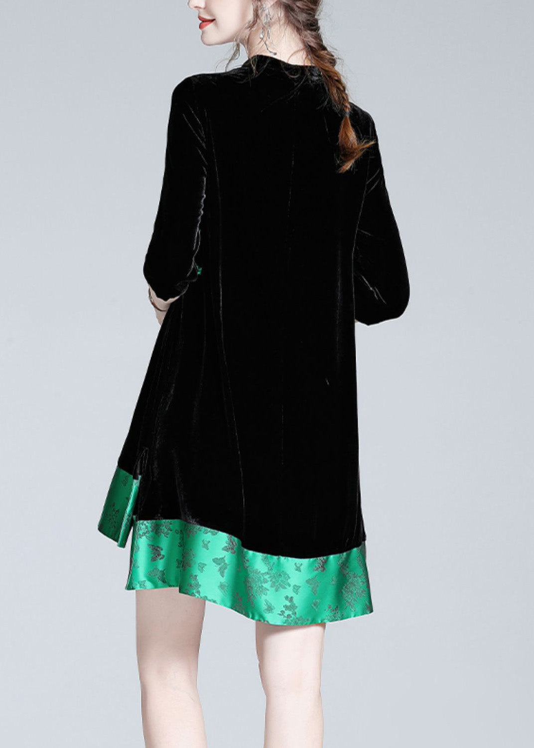 Black Stand Collar Print Low High Design Silk Velour Maxi Dresses Long Sleeve