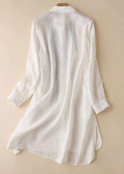 White Embroideried Low High Design Cotton Linen Long Shirt Top Long Sleeve
