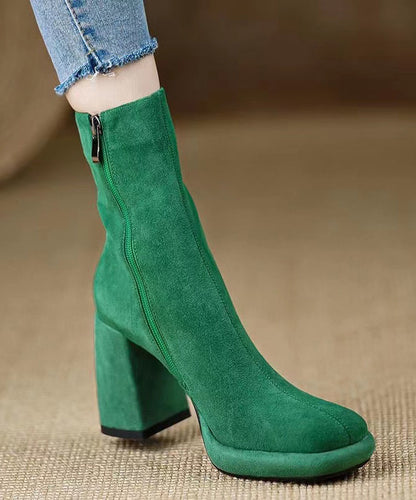 Zippered Chunky Heel Boots Grass Green Suede