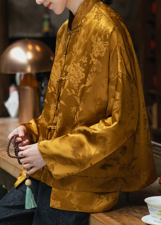 Yellow Mandarin Collar Button Asymmetrical Design Jacquard Silk Top Long Sleeve