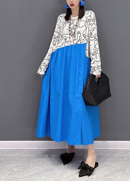 Colorblock O-neck Print Patchwork Holiday Dress Long Sleeve