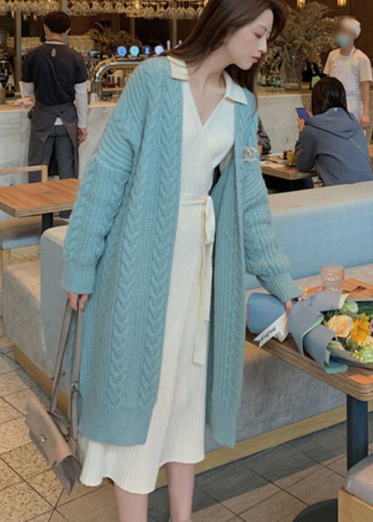 Blue V Neck Cozy Long Knit Cardigan Spring