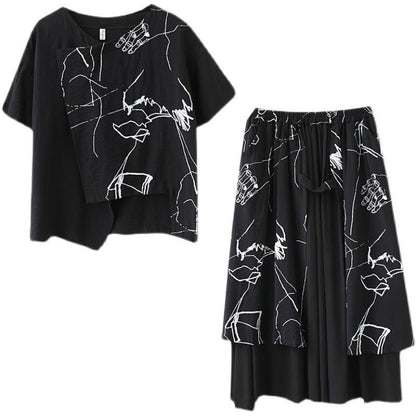Black Print Short Sleeve Round Neck T-shirt Elastic Waist Skirt Suit Summer
