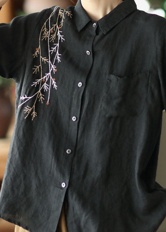 Black Peter Pan Collar Embroideried Linen Blouse Spring