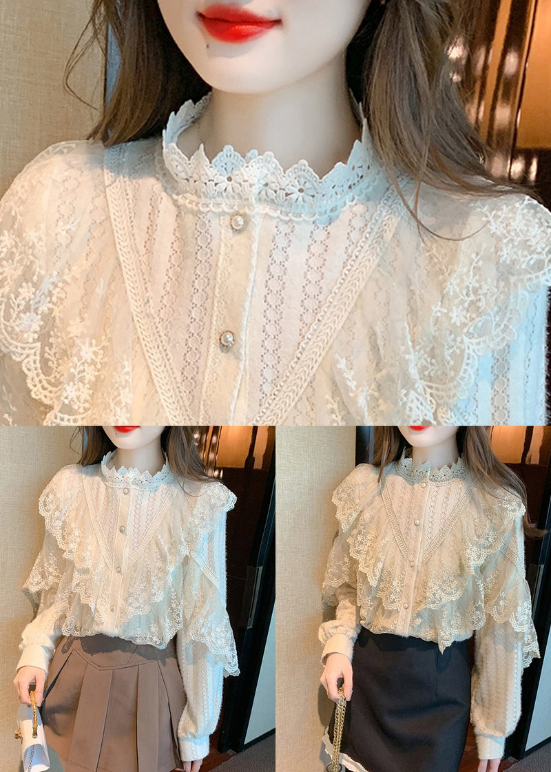 Khaki Stand Collar Patchwork Lace Shirts Fall