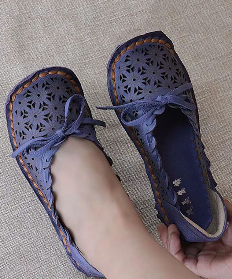 Original Flat Sandals Purple Cowhide Leather Hollow Out