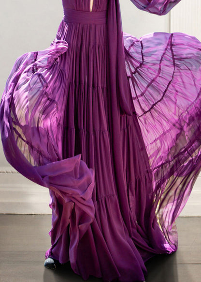 Purple Bow Wrinkled Hollow Out Chiffon Ankle Dress Fall